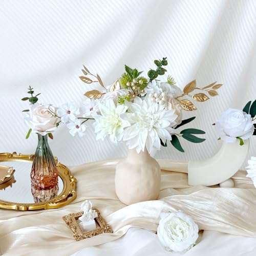 Ivory White Artificial Flowers Combo Box Set Silk Dahlia Roses Gold Leaves Stems DIY Bridal Wedding Bouquets Cake Boho Fake Floral Arrangements Baby Shower Party Table Centerpieces Home Decor Bulks - color: Ivory White, Cream