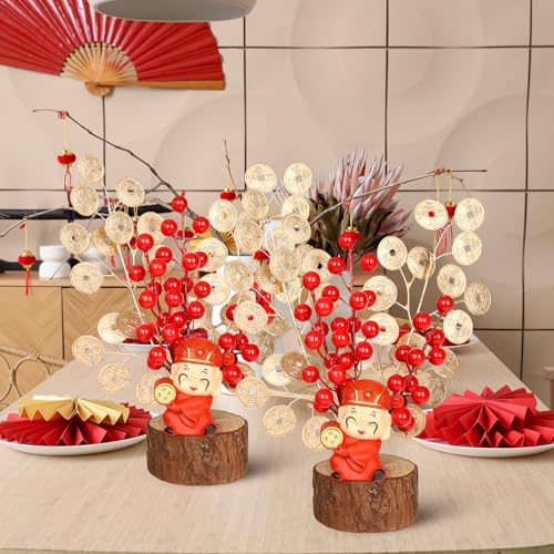 Chinese New Year Bonsai Decoration Artificial Red Berries Gold Leaves Wealth God Blessing Potted Lucky Tree Crafts Chinese Spring Festival Ornaments for Home Office Table Decor Housewarming Gift - color: Red New Year-3