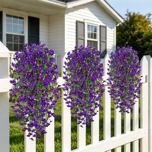 Artificial Hanging Flowers for Outdoors, 4 PCS UV Resistant Morning Glory Flowers with Eucalyptus Leaves, Silk Fake Flower Realistic Faux Plants for Home Patio Porch Garden Decor, Purple - color: Purple