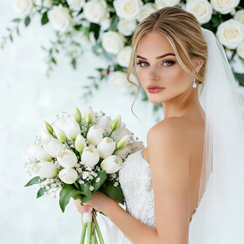 15 Pcs White-Red-Light Purple Artificial Tulips Fake Flowers, Premium Latex Lifelike Texture, UV Resistant Waterproof Faux Tulip Bouquets with Snap-on Petals for Outdoor, Home, Wedding Decor - color: White-red-light Purple