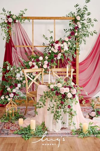 Ling's moment 9FT Spring Flower Garland - Wedding Arch Flowers, Eucalyptus & Rose, Artificial Floral Garland for Mantle - Sweetheart Table Decor for Reception, Backdrop Decorations, Marsala - color: Red-marsala