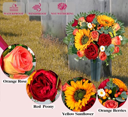 MUVIC Artificial Cemetery Flowers for Outdoor Grave Decorations，Memorial Flower- Realistic Sunflower Rose - Sympathy Bouquet