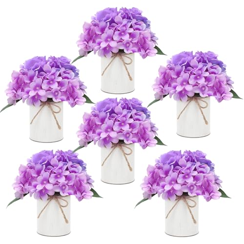 Flower Table Centerpieces - Set of 6 Floral Arrangement Artificial Wedding Hydrangeas Floral Arrangement with Rustic Metal Vase for Bridal Tea Party Event Decorations - Purple - color: Purple