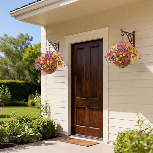 Artificial Flowers Hanging Baskets, 12 Bundles Faux Flower Outdoor Hanging Basket Spring Summer Decoration, Fake Flowers Plants for Porch Patio Balcony Home Yard Decor - color: Light Purple,red,yellow,rose Red