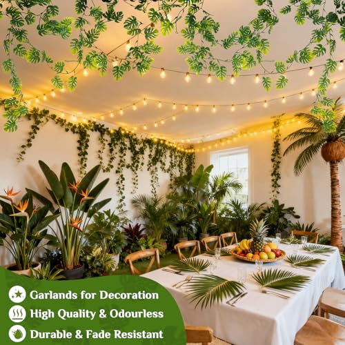 RAINFLOW 4PCS Faux Greenery Leaf Garland - 5.9Ft Artificial Monstera Leaves Vines, Tropical Palm Leaves Ivy Vine Monstera Garland for Table Wall Stairs Porch Wedding Hawaiian Jungle Themed Party Decro - size: 5.9Ft