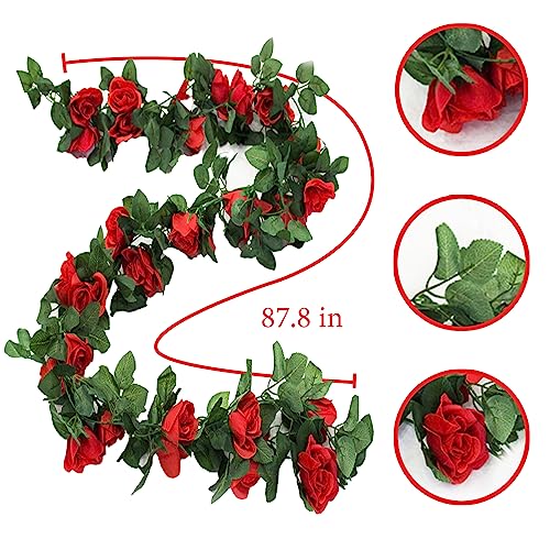 4 Pack Artificial Rose Vine Garland Fake Roses Flowers Plants Vines Hanging Floral Leaves Decoration for Wedding Party Table Garden Arch Wall Home Room Decor(Red) - color: Red, size: 【4 Pcs】