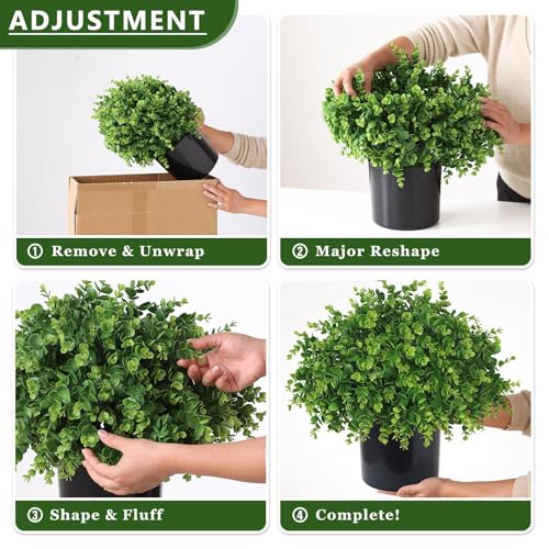 2 Set Soft Textured Artificial Eucalyptus Topiary Trees for Outdoor Decor - 16" Faux Eucalyptus Potted Plant, Fake Greenery Shrubs in Black Pot for Front Door Porch Farmhouse Shower Home Decor