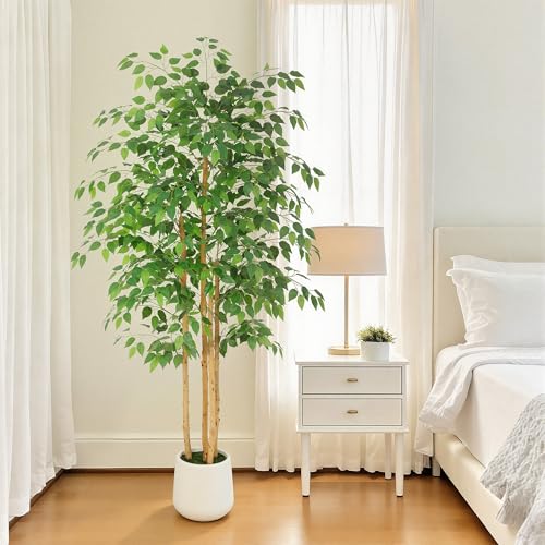 Bellacat 6ft Artificial Ficus Tree with White Decorative Planter & Multiple Real Wood Trunks, 72in Fake Ficus Tree with Lifelike Leaves, Faux Ficus Tree for Living Room Bedroom Office Decor - color: White Decorative Planter, size: 6ft