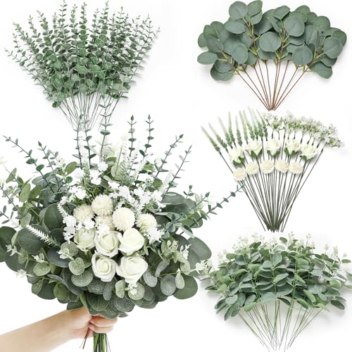 Serwalin 100 Pcs 7 Kinds Mixed Artificial Eucalyptus Leaves Stems Bulk with Flowers Faux Silver Dollar Eucalyptus Stmes Greenery Branches for Wedding Floral Arrangement Centerpieces Home Decor - color: Green-100pcs