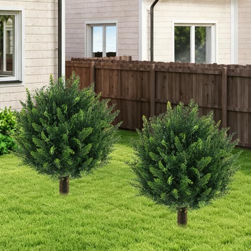 Chillchard 21" Artificial Cypress Topiary Outdoor Plants with Spike, 2 Pack Faux Cedar Bushes UV Resistant Fake Shrubs for Front Porch Décor - color: 21 Inch - 2pack