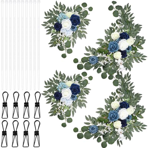 Hotop Wedding Arch Flowers Set of 4 Artificial Flower Swag Wedding Faux Floral Swag with 10 Cable Tie and 8 Clip for Party Welcome Signs Ceremony Reception Backdrop Decor(Deep Sea Blue Gradient) - color: Deep Sea Blue Gradient