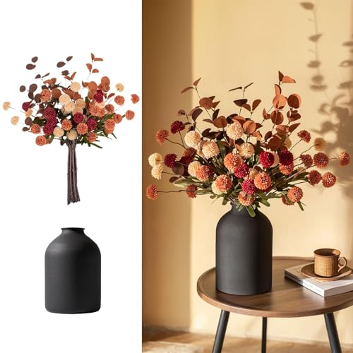 BLOSMON Flower Centerpiece Table Decorations: Metal Vase with 12 Stems of Fake Mums Kiku Flowers Eucalyptuses for Home Dining Room - Burnt Orange Artificial Pom Poms Floral Arrangement in Vase - color: Burnt Orange