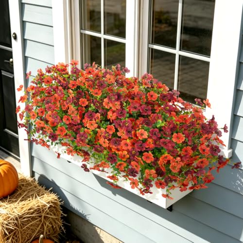 ADXORA 12 Bundles Fake Artificial Mums Fall Flowers for Outdoor Decoration Faux Silk Flowers for Outdoor Planters UV Resistant Colorful Violets Eucalyptus for Home Porch Patio Yard Décor - color: Green Leaves-brown, Orange