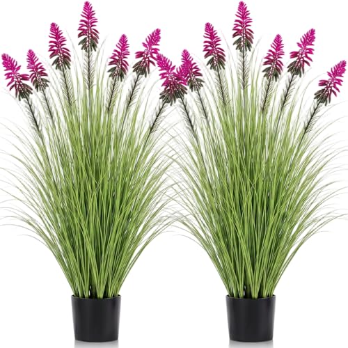 Jexine 2 Pieces 4 ft Artificial Tall Grass Plants Outdoor with Plum Cockscomb Flower Tall Artificial Grass Green Onions Plant Potted for Housewarming Gift House Garden Lobby Outdoor - color: Plum Cockscomb Flower