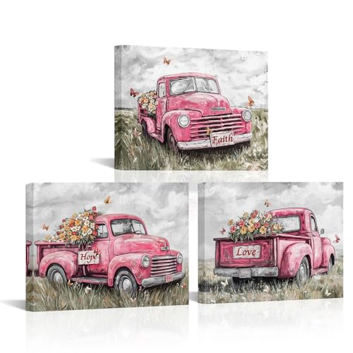 sechars Truck Wall Art Canvas Vintage Farmhouse Decor Faith Hope Love Floral Painting Prints (Pink) - color: Pink