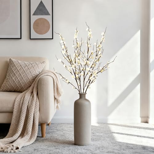 Ammyoo 4Pcs Cherry Blossom Branches Artificial Flowers for Spring Summer Indoor Decoration,Faux Long Stem Artificial Flowers for Wedding Home Office Bedroom Party Table Centerpieces Decor(White) - color: White