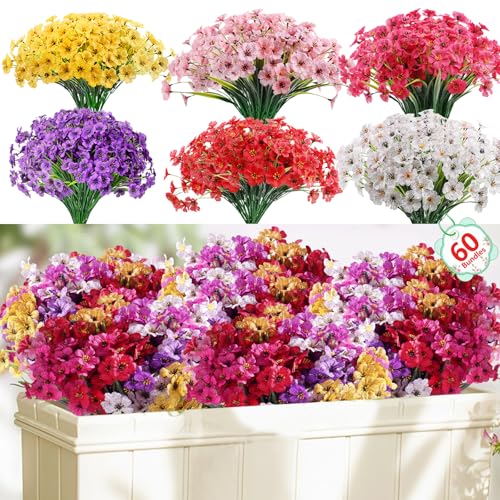 Powbrace 60 Pack Artificial Flowers Outdoor, Faux Silk Flowers for Outdoors Outside Front Porch Hanging Planter Window Box Garden Decoration(Mixed) - color: Multi-colour, size: 60 Bundles
