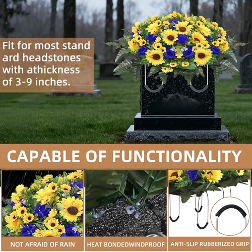 Lodou Artificial Cemetery Flowers for Grave,Headstone Flower Saddle Silk Sunflowers Grave Flowers for Cemetery Memorial for Outdoor Gravesite Decoration (Blue) - color: Blue