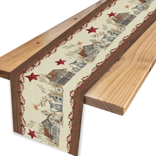 Farmhouse Texas Table Runner,Rustic Western Barn Texas Star Berries Brown Wooden Plank Cowboy Coffee Table Center Decor for Family Kitchen Outdoor Holiday Party Table Decorations, 13"x36" - color: Texas-10, size: 13“ X 36"