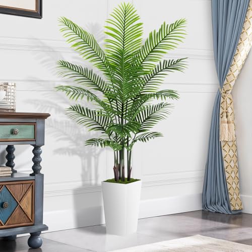 Artificial Palm Tree 6FT - Fake Tree with White Tall Planter - Faux Tropical Areca Floor Plant in Pot - Artificial Silk Plant for Home Office Living Room Decor Indoor - color: White, size: 6ft