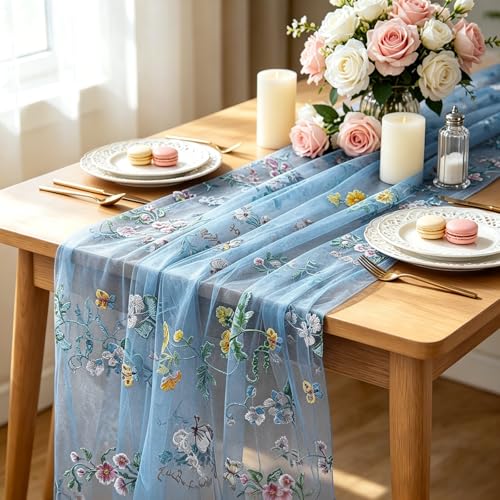 Blue Floral Table Runner 10ft Embroidery Tulle Spring Wildflower Table Runner Seasonal Summer Butterfly Kitchen Dining Gauze Decoration for Baby Shower Wedding Party Birthday (1 Pcs) - color: Blue