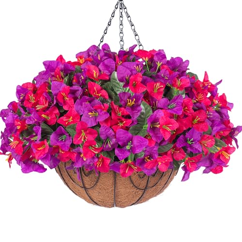 Artificial Hanging Flowers Plant with Basket for Outdoors, Fake Hanging Plants Silk Bougainvillea in Planter Look Real UV Resistant Faux Flower for Outside Porch Patio Garden Home Decor, PurpleHotpink - color: Purplehotpink