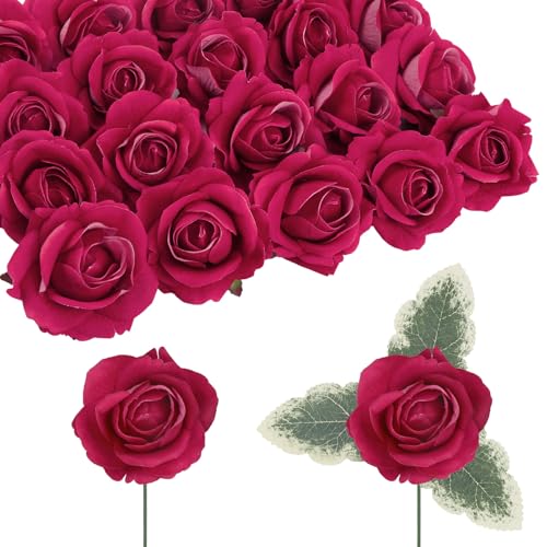 IPOPU Rose Artificial Flowers 20pcs Realistic Velvet Faux Rose with Stems Deep Pink Fake Rose Flowers in Vase for DIY Wedding Bouquets Bridal Shower Party Centerpieces Table Home Decor (Deep Pink) - color: Deep Pink