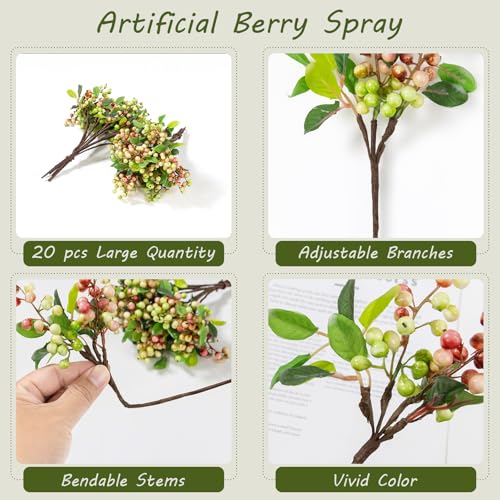 SHACOS Artificial Pink Berry Stems 20 PCS Fake Berries Branches Spray with Green Leaves 9.8 inch Small Berry Picks for Christmas Decorations Crafts Filler Holiday Home Decor, Pink - color: Pink, size: 20 PCS
