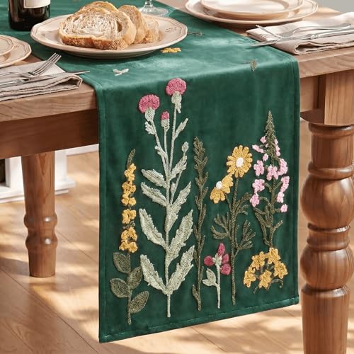 Artoid Mode Green Soft Chain Embroidery Wild Floral Christmas Table Runner, Seasonal Spring Kitchen Dining Table Decoration for Home Party Decor 13x72 Inch - color: Green, size: 13" x 72", Table Runner