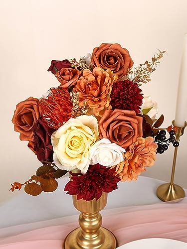 Artificial Flowers Combo Box for DIY Wedding Bouquet Arrangement, Silk Faux Flower for Bridal Table Centerpieces Party Cake Baby Shower（Orange & Burgundy） - color: Orange & Burgundy