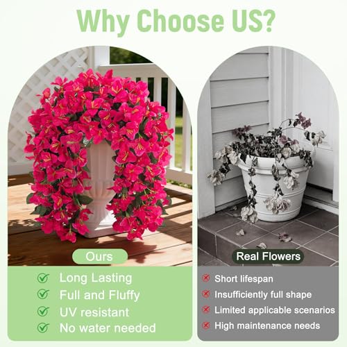 Fake Bougainvillea Artificial Flowers for Outdoors Decoration 2 pcs Faux Hanging Flowers Plants for Outdoor Planters UV Resistant Silk Bougainvillea Vines for Front Door Porch Urn Patio Garden - color: Hot Pink