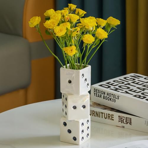 MOUGIGI Ceramic Dice Vase - Unique Decor for Dried Flowers, Rose, Pampas Grass - Stunning Design for Any Modern Space for Inspiring Smiles - color: White Dice Vase