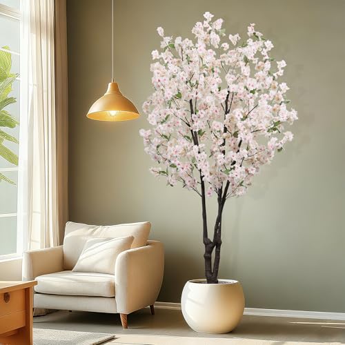 Artificial White Cherry Blossom Tree 5.7ft(68in) Faux Lifelike Plant for Indoor Decor Natural Potted Tree Realistic Pink Cherry Flowers Wood Trunk for Home Living Room,Office Perfect Weeding Gift - color: Cherry Blossom(white 12), size: 5.7ft