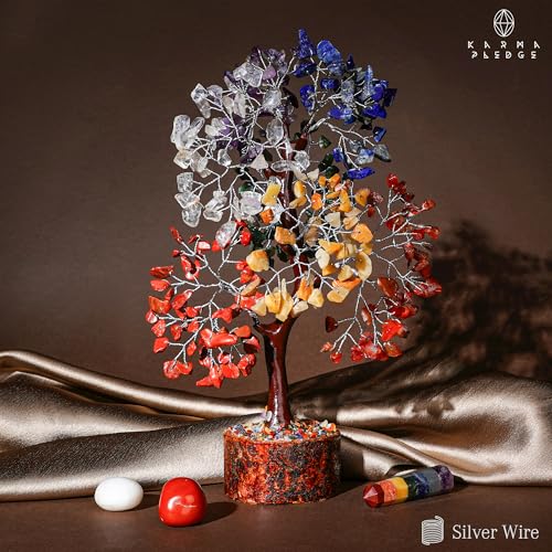 7 Chakra Tree of Life for Manifestation Handmade Home Office Decor Healing Crystal Tree for Money, Good Luck, Anniversary Gifts for Her, Unique Birthday Gifts for Women, Men, Friends, Mom & Dad - color: Wooden Base 7 Chakra Manifestation Tree Silver