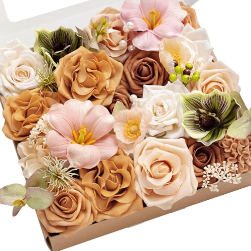 Ling's moment Fake Flowers Box, Faux Artificial Greenery Stems Foam Roses Tulip Silk Poppy Fabic Flower for Centerpieces Bouquet Wedding Floral Vase Table Decorations, Apricot & Peach, Grand Combo - color: Or-apricot & Peach, size: Grand