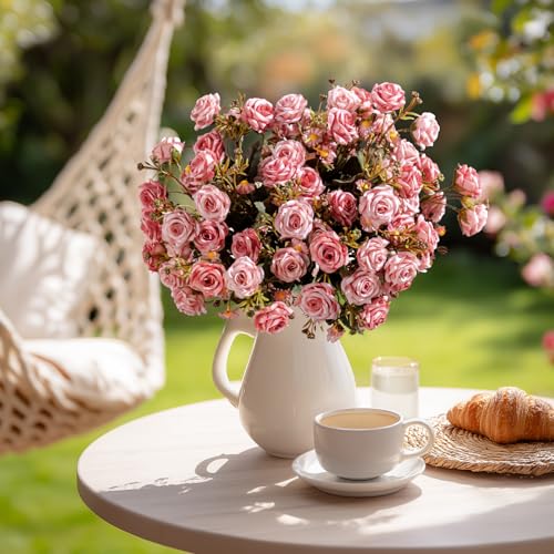 Artificial Rose Flowers for Outdoor 4 Bundles Rose Bouquet with Daisy Faux Flowers UV Resistant for Home Indoor Outside Garden Porch Window Box Balcony Yard Porch Fall Decor (Pink) - color: Pink
