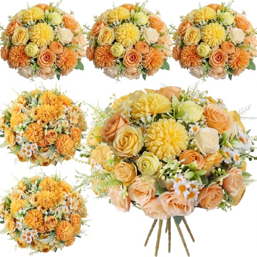 Tigeen 6 Pcs Bundles Artificial Bouquet Flowers Artificial Peonies Faux Roses Hydrangea Flowers Bouquet for Wedding Table Centerpiece Floral Vase Decor (Orange,Yellow) - color: Orange, Yellow