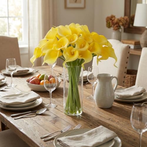 GarveeTech Real Touch Calla Lily Artificial Flowers, 24 Pcs with Glass Vase & Faux Water, 15" Long Stem for Wedding Centerpiece, Bridal Bouquet, Home and Party Decor (Yellow) - color: Yellow, size: Calla Lily（24 Pcs）