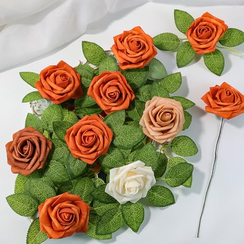 Artificial Flowers 25 Pack Orange Faux Foam Roses with Stems, Real Looking Fake Rose for DIY Wedding Bouquets, Bridal Shower Centerpieces, Party Table Decorations, Home Decor - color: Orange, size: 25Pcs