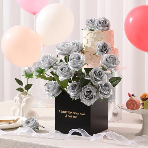Tifuly Silver Roses Artificial Flowers -12Pcs Realistic Single Long Stem Fake Silk Roses Bouquet for Party Home Wedding Centerpiece Hotel Office Decor - color: Silver