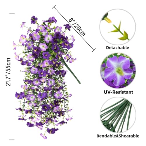 4PCS Artificial Hanging Flowers for Outdoor Hanging Plants Faux Morning Glory UV Resistant Silk Spring Summer Flower for Garden Porch Yard Patio Balcony (Mixed Purple) - color: Mixed Purple