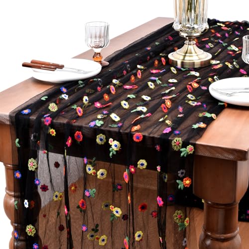 Joanlody 3pcs Black Embroidery Daisy Spring Summer Table Runner 10ft Florals Seasonal Tulle Table Runner for Home Garden Tea Party Holiday Birthday Decoration - color: Black, size: 10ft x 3pack