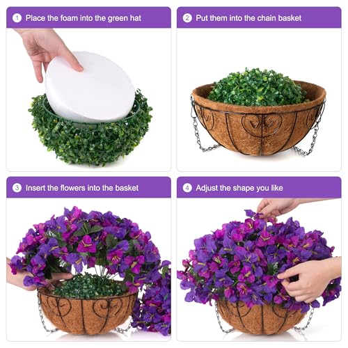 Artificial Hanging Flowers Plant with Basket for Outdoors Spring Decor, Fake Hanging Plants Faux Bougainvillea in Planter Look Real UV Resistant Silk Flowers for Outside Porch Patio Garden Home, Mix - color: Dark Purple + Fuchsia