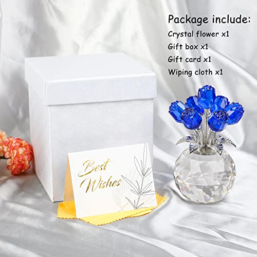 Blue Rose Flower Crystal Figurine with Vase, Bouquet Flowers Ornament Gifts for Wife Girlfriend Women , Handmade Crystal Flower Collectible Home Table Decor for Valentine's Day Wedding Anniversary - color: Blue-crystal Rose