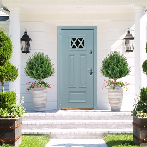 25” Artificial Cedar Topiary Ball Tree, Set of 2 with Ground Spikes, UV Resistant Faux Cypress Plants, Evergreen Shrubs for Outdoor Front Porch Garden Backyard Office Decor - color: B-green