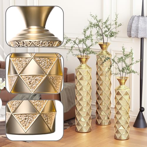 Floor Vases, Tall Home Decor Metal Vase Set of 3 Large Glazed Decorative Vases for Wedding Decor, Elegant Modern Flower Holder for Living Room, Entryway, Hallway - color: Geo Gold