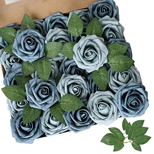 AmyHomie Artificial Flower Dusty Blue Shades Rose 25pcs Real Looking Fake Roses w/Stem for DIY Wedding Bouquets Centerpieces Arrangements Party Baby Shower Valentines Day Christmas Tree Decorations - color: Dusty Blue Shades