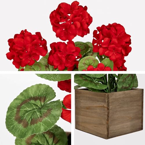 Briful Artificial Geraniums Flowers in Square Wooden Box, Faux Red Silk Geranium Potted Plant, 15.7" Fake Floral Arrangement for Rustic Farmhouse Home Kitchen Table Centerpiece Patio Décor - color: Red#584