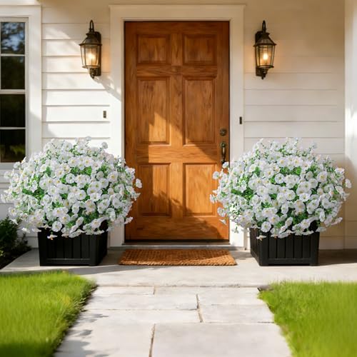 Ivydale 24 Bundles Artificial Flowers for Outdoors Summer Outside Decoration, Faux Silk Petunias White Fake Flowers Bulk Realistic UV Resistant Plants for Outdoor Planters Porch Patio Garden Yard Home - color: White