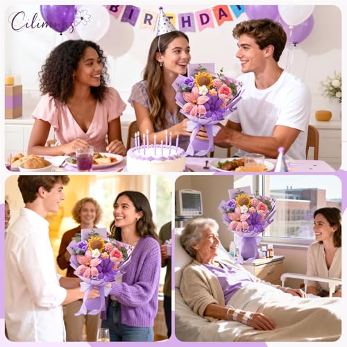 Crochet Flower Bouquet,Pink&Purple Knitted Flowers, Handmade Lily Sunflowers Roses Bouquet for Birthday Anniversary Party Mother's Day Graduation Gifts - color: Purple&pink